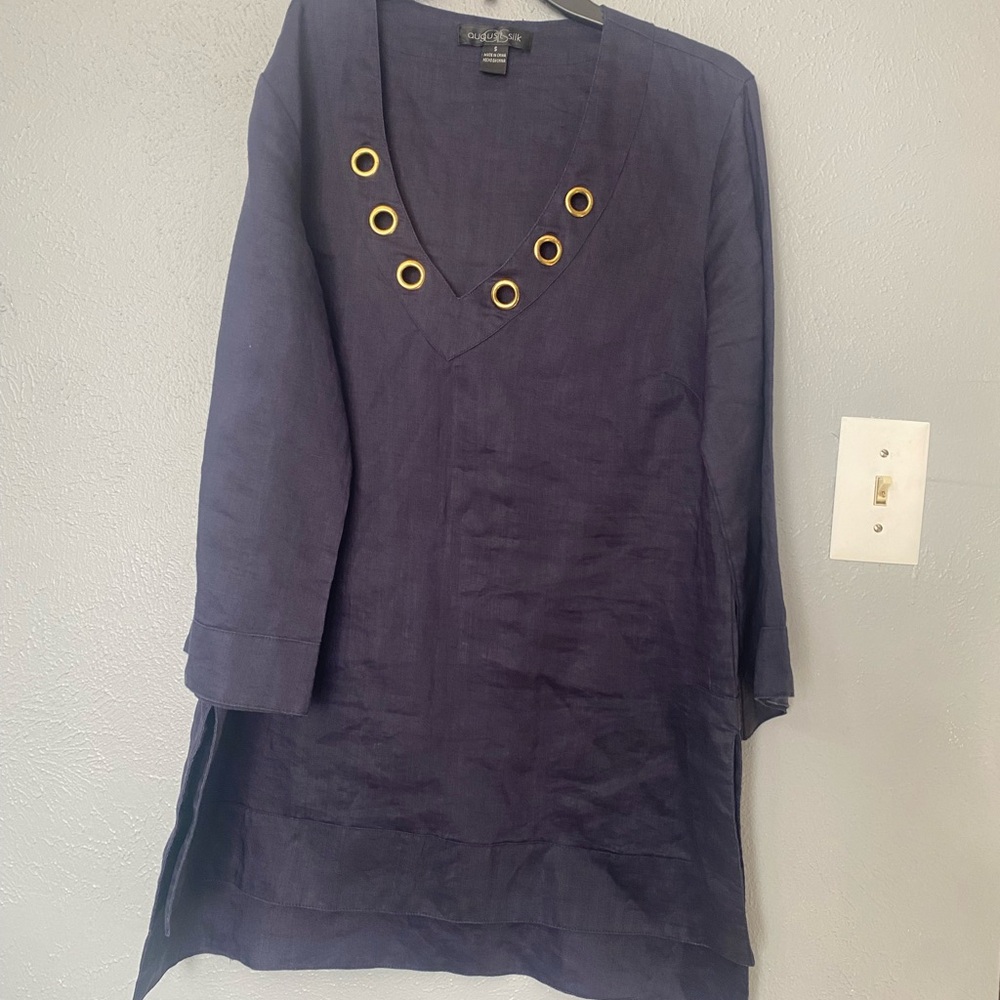 August Silk Navy Tunic with Gold Accents
